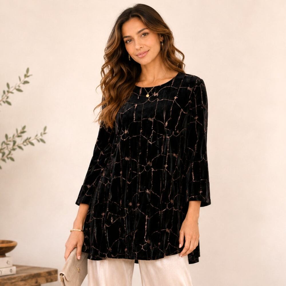 R&M Richards Karen Kwong Velvet Top Women's Size 12 Black Sparkle Glam Vintage